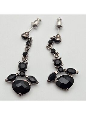 Vintage Monet Black Faceted Stone Dangle Earrings Silver Tone